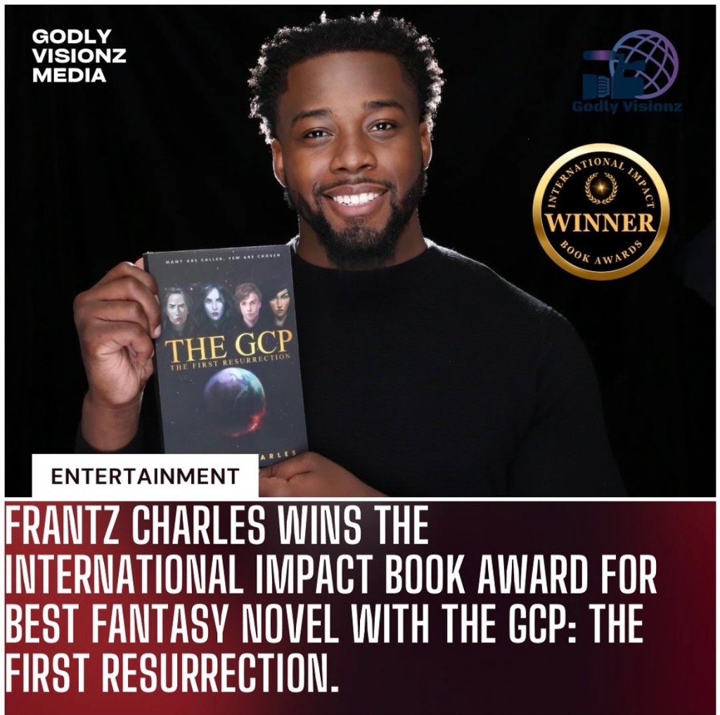 Frantz Charles holding The GCP book with the International Impact Book Award Gold Badge